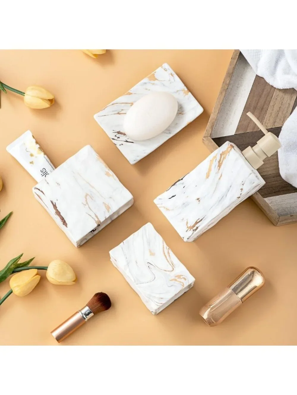 Elegant Marble Bathroom Accessories Set - 4-Piece Ceramic Decor with Gold